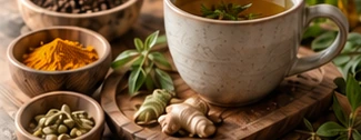 Xícara, gengibre e especiarias em uma composição natural